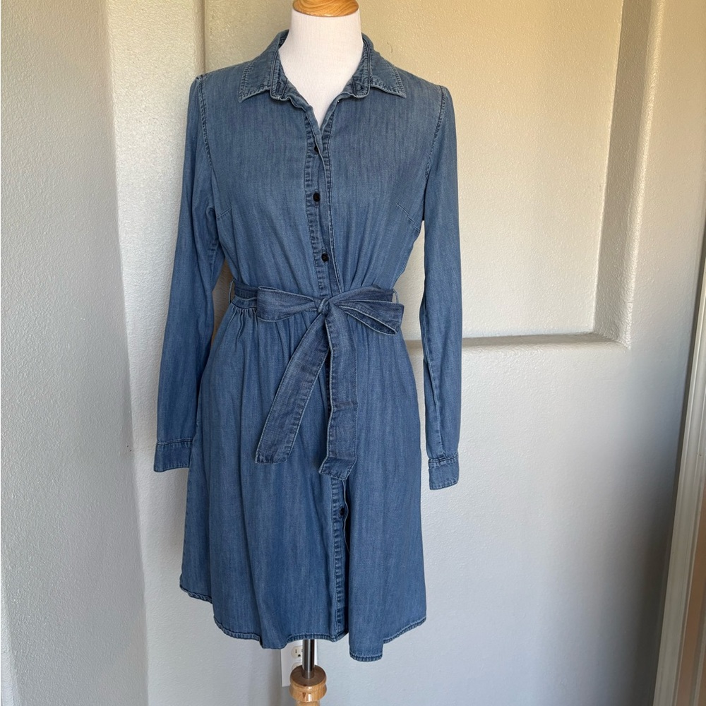 Washed Blue Denim Shirt Dress with Self-Tie Belt